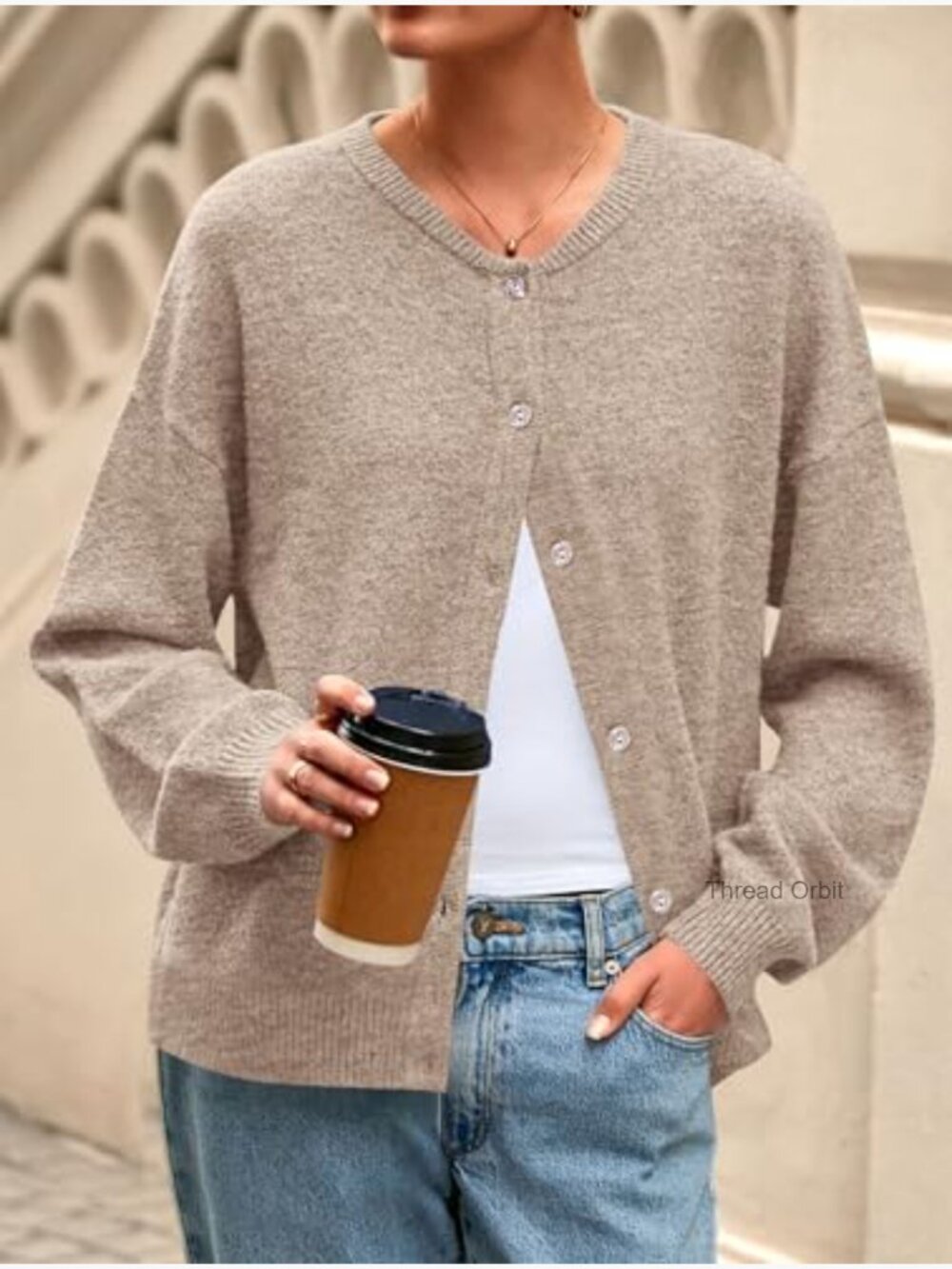 Lightweight Loose Fit Cardigan Crewneck Button Down Long Sleeve Sweater - Picture 2 of 7